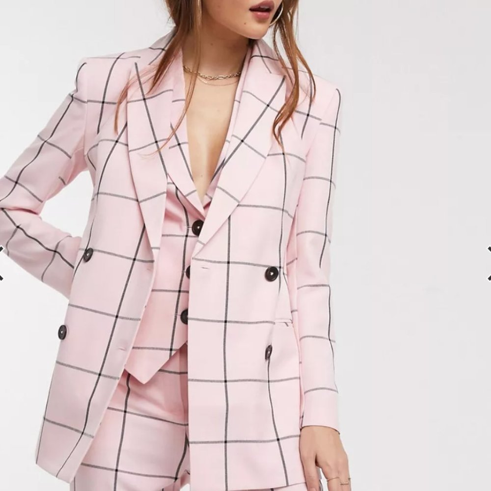 ASOS DESIGN double breasted suit blazer in pink grid - JACKET - Size 2